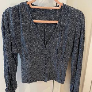 Abercrombie & Fitch Navy Polka Dot Button-Up Waisted Blouse | Size XS